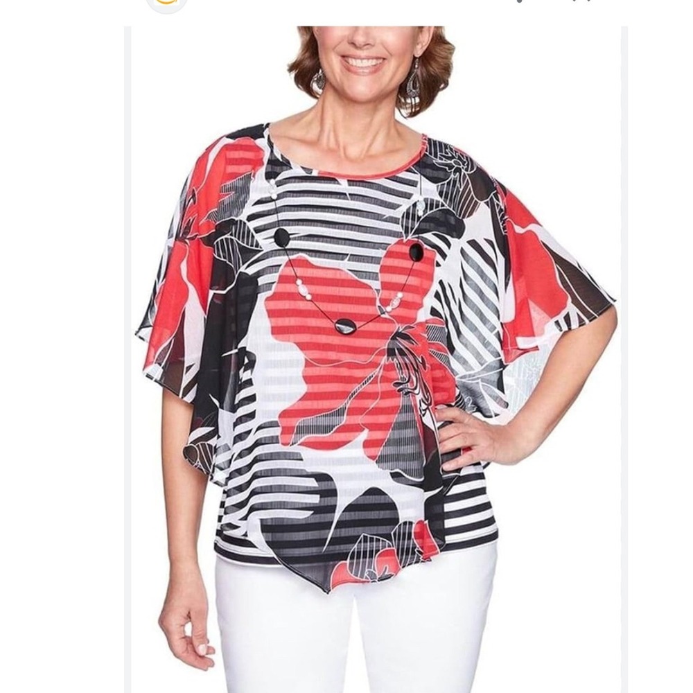 Alfred Dunner Women Blouse 20W Red Black Floral Stripe Poncho With Tank Under